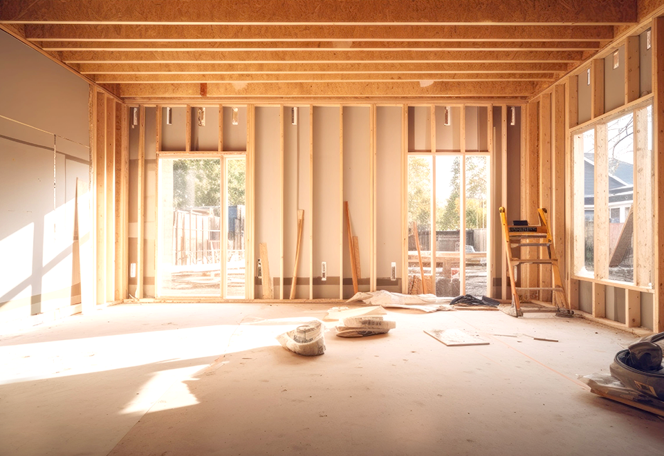 Room addition framed with wood studs and ceiling joists, with sunlight through the new window openings