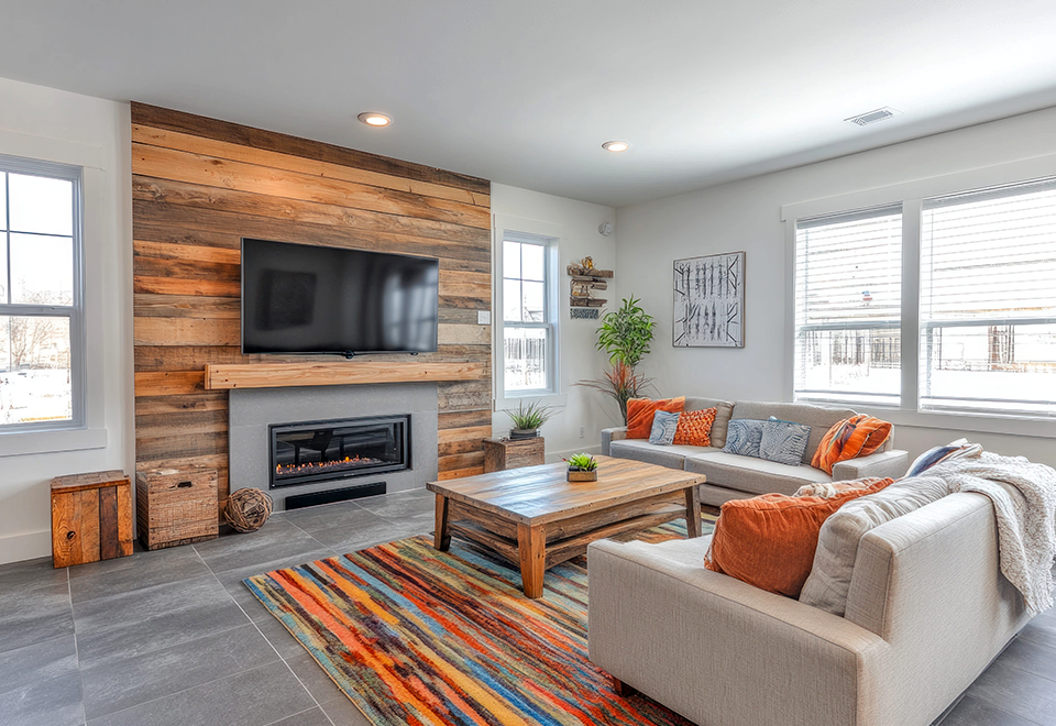 Living room with white walls, a reclaimed-wood accent wall, wall-mounted TV and linear fireplace