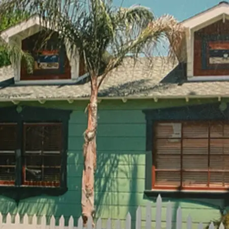 Green Craftsman house with two front dormers and new windows behind a palm tree